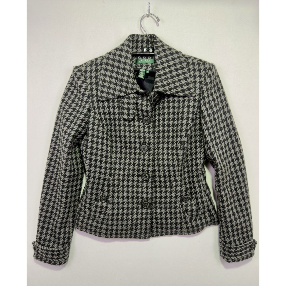 Lauren Ralph Lauren Womens Sz 4 Wool Houndstooth Jacket Black Gray VTG Blazer